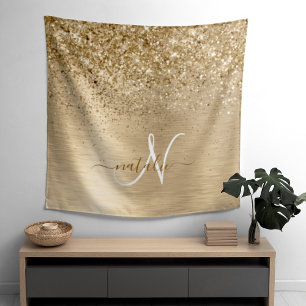 Faux Gold Brushed Metal Glitter Print Monogram Nam Tapestry