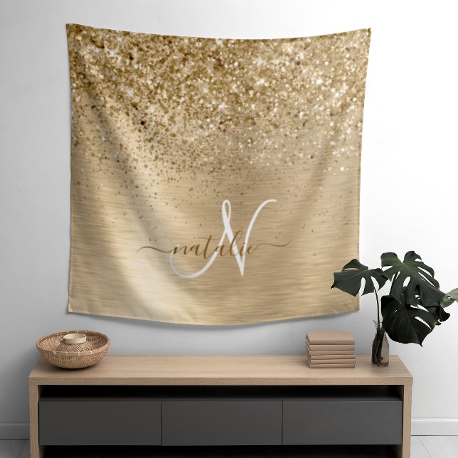 Faux Gold Brushed Metal Glitter Print Monogram Nam Tapestry (Creator Uploaded)