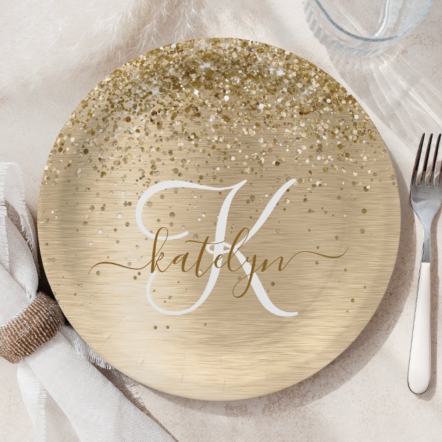  Faux Gold Brushed Metal Glitter Print Monogram Paper Plate (Creator Uploaded)