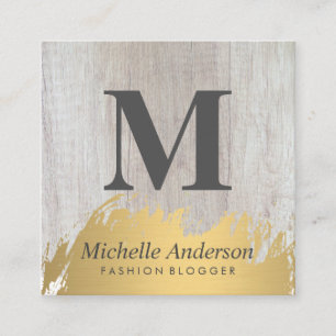 Faux Gold Brushed Monogram   Wood Grain Square Business Card