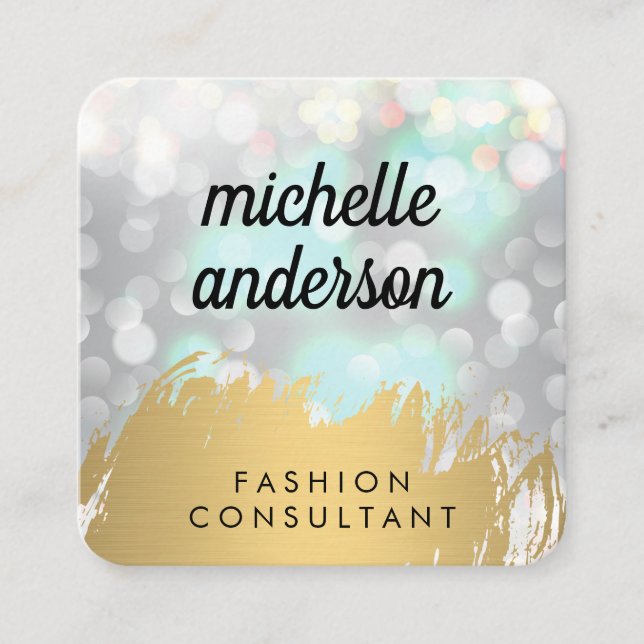 Faux Gold Brushed with Boke Glitter Square Business Card (Front)