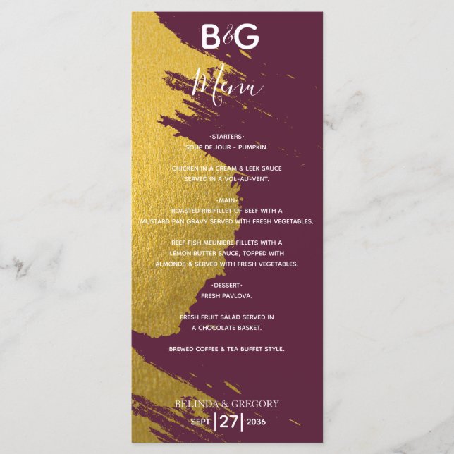 Faux Gold Brushstrokes Burgundy, Monogram Wedding Menu (Front)