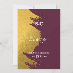 Faux Gold Brushstrokes Burgundy, Monogram Wedding Thank You Card