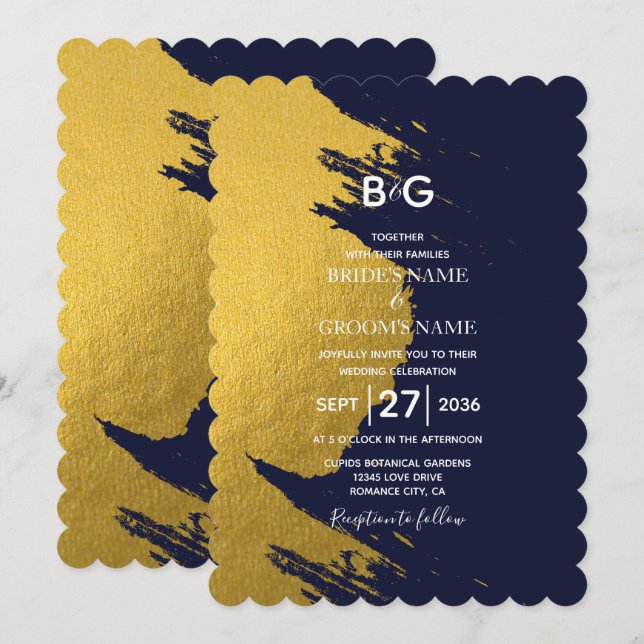 Faux Gold Brushstrokes & Navy Blue with Monogram I Invitation (Front/Back)