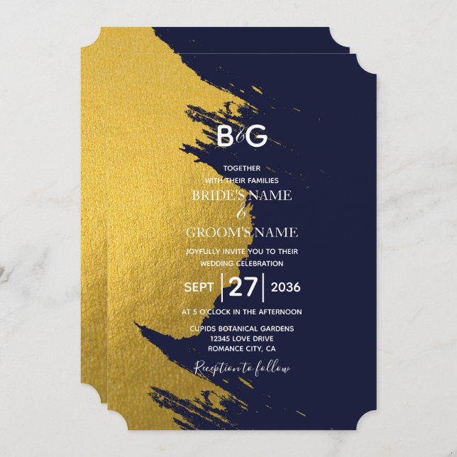 Faux Gold Brushstrokes & Navy Blue with Monogram Invitation (Front/Back)