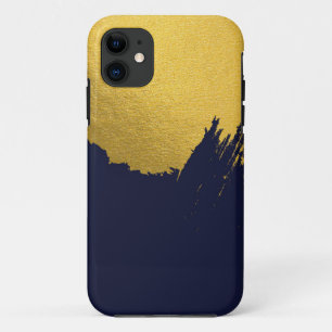 Faux Gold Brushstrokes with Navy Blue Background iPhone 11 Case