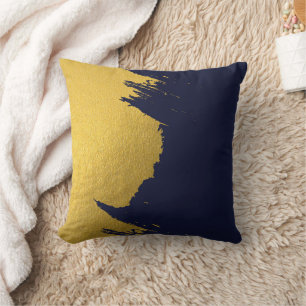 Faux Gold Brushstrokes with Navy Blue Background Cushion