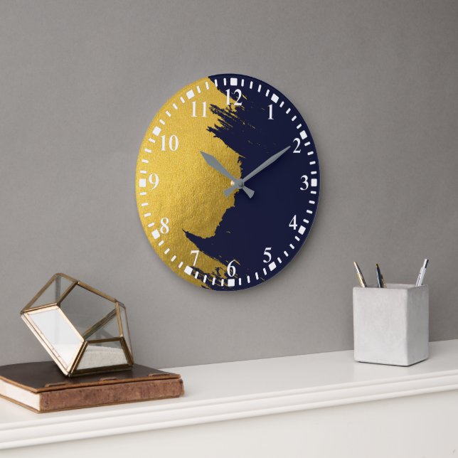 Faux Gold Brushstrokes with Navy Blue Background Large Clock (Office)