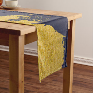 Faux Gold Brushstrokes with Navy Blue Background Long Table Runner