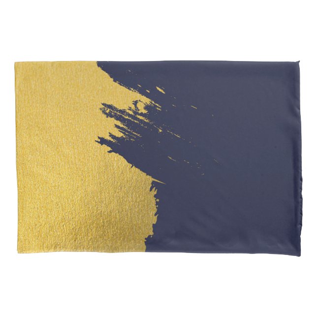 Faux Gold Brushstrokes with Navy Blue Background Pillowcase (Front)