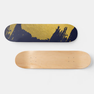 Faux Gold Brushstrokes with Navy Blue Background Skateboard