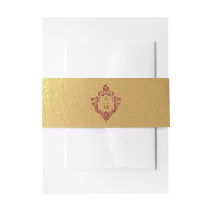 Faux Gold Burgundy Crest Vintage Wedding Monogram Invitation Belly Band