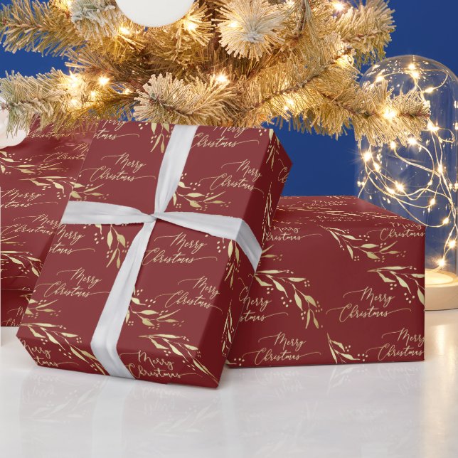 Faux Gold Burgundy Hand Lettered Merry Christmas Wrapping Paper (Holidays)