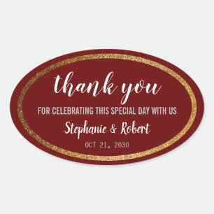 Faux Gold Burgundy Modern Elegant Wedding Oval Sticker