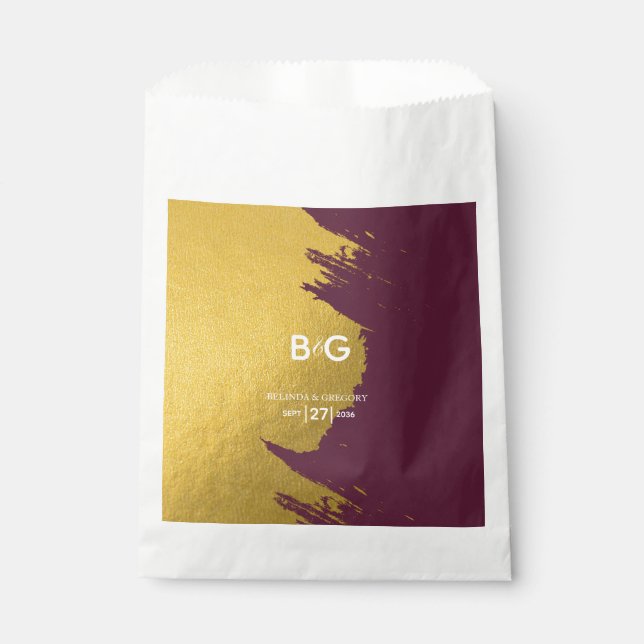 Faux Gold Burgundy, Monogram Wedding  Favour Bag (Front)