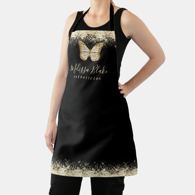 faux gold butterfly on faux gold sparkle apron (Insitu)