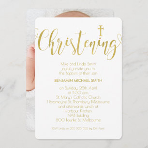 Faux Gold Calligraphy Photo Christening Invitation