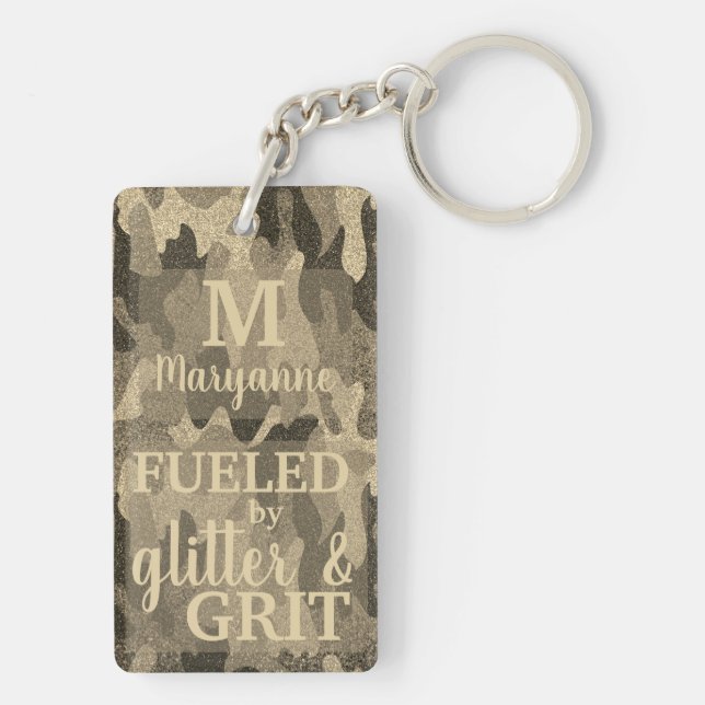 Faux Gold Camouflage Glitter Metallic Camo Name Key Ring (Back)