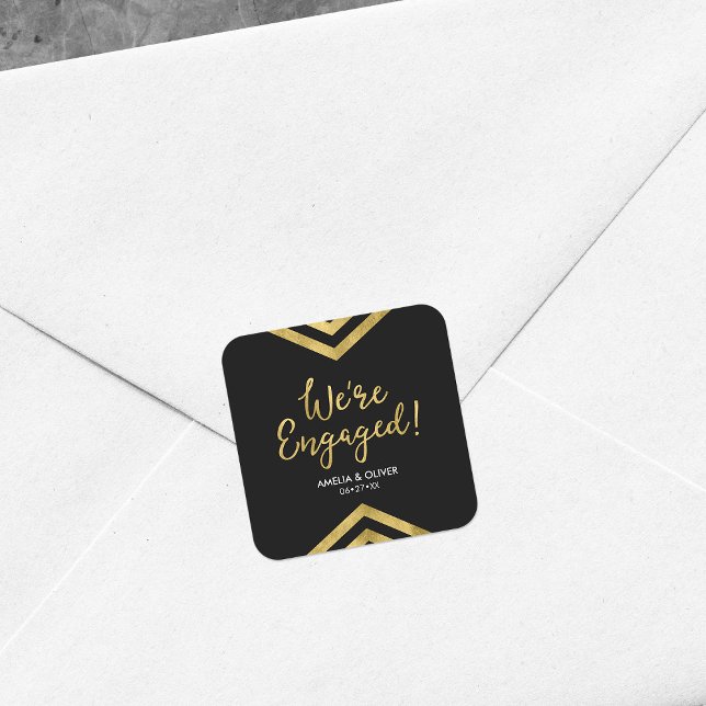 Faux Gold Chevron We're Engaged Engagement Square Sticker (Creator Uploaded)