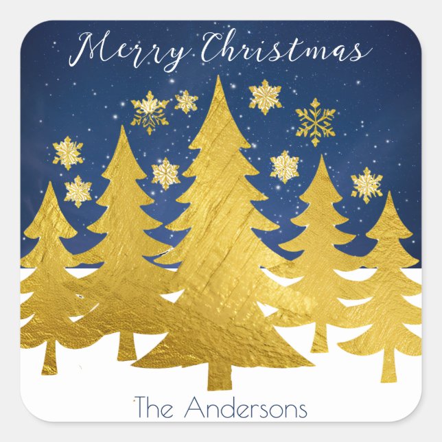 Faux Gold Christmas Trees in Winter Snow Festive Square Sticker (Front)