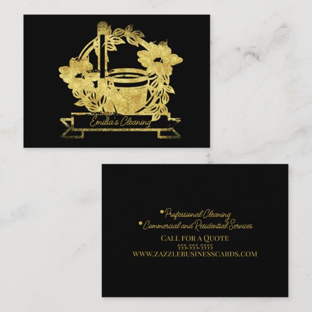 Faux Gold Cleaning Floral Broom Pail Logo Business Card (Front/Back)