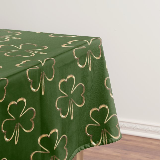 Faux Gold Clovers Shamrock Green Pattern Irish Tablecloth (In Situ)
