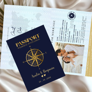Faux Gold Compass Travel passport destination Invitation