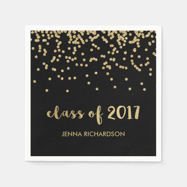 Faux Gold Confetti Black Class of 2017 Graduation Napkin (Front)