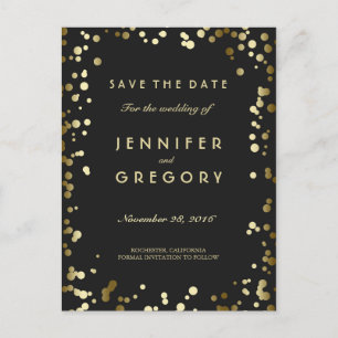 Faux Gold Confetti Black Save the Date Postcards