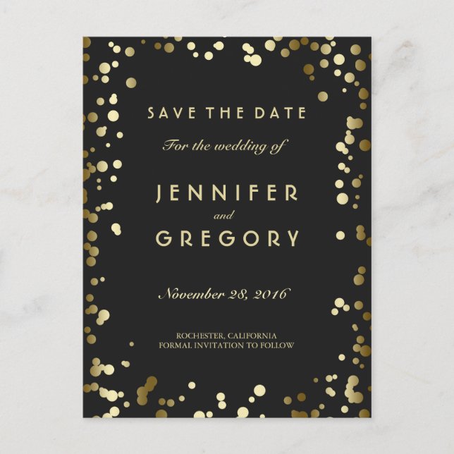 Faux Gold Confetti Black Save the Date Postcards (Front)