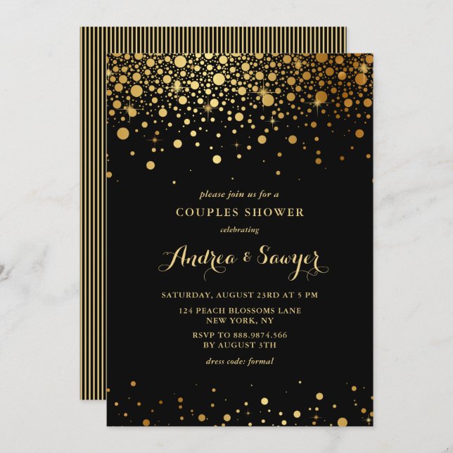 Faux Gold Confetti Dots Black Couples Shower Invitation (Front/Back)