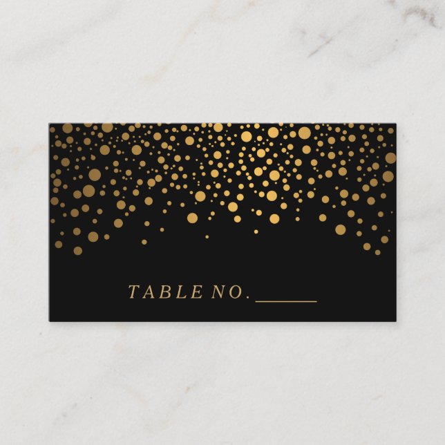 Faux Gold Confetti Dots on Black Place Cards (Front)