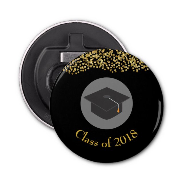 Faux Gold Confetti & Graduation Cap Class of 20xx Bottle Opener (Front)