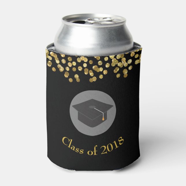 Faux Gold Confetti & Graduation Cap Class of 20xx Can Cooler (Can Front)