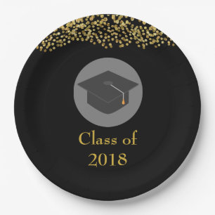 Faux Gold Confetti & Graduation Cap Class of 20xx Paper Plate