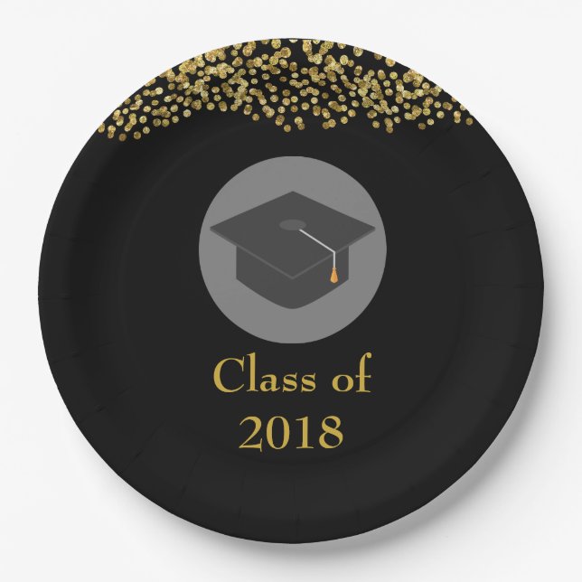 Faux Gold Confetti & Graduation Cap Class of 20xx Paper Plate (Front)