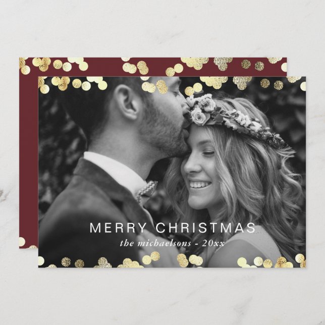 Faux Gold Confetti Merry Christmas Photo Red Holiday Card (Front/Back)