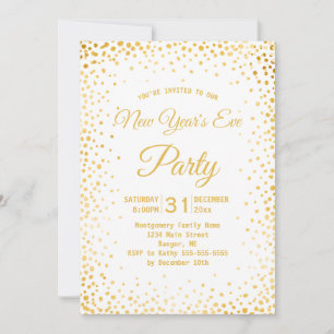 Faux Gold Confetti New Years Eve Party White Invitation
