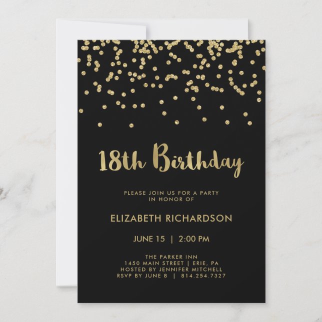 Faux Gold Confetti on Black | 18th Birthday Party Invitation (Front)