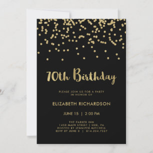 Faux Gold Confetti on Black 70th Birthday Party Invitation