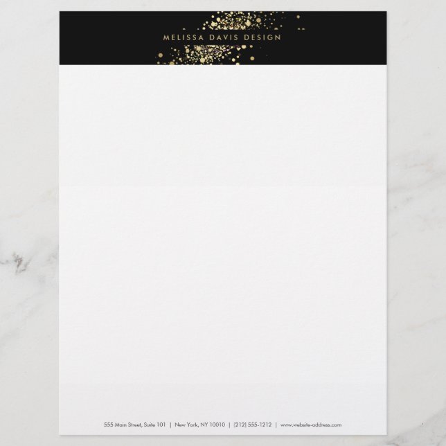 Faux Gold Confetti on Black Modern Letterhead (Front)