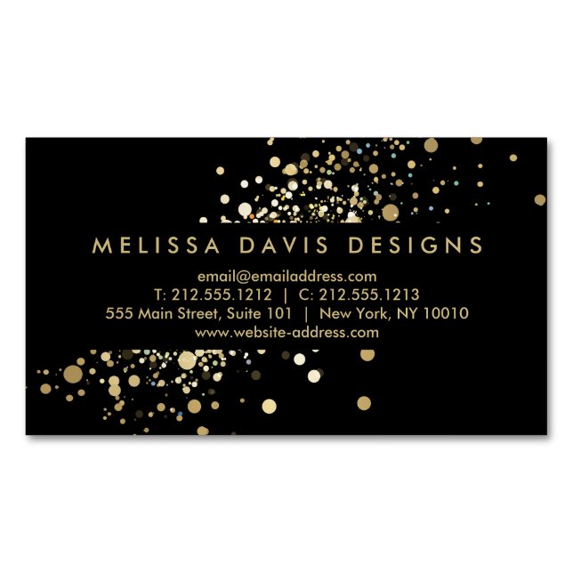 Faux Gold Confetti on Black Modern Magnetic Business Card (Front)