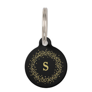Faux Gold Confetti on Black Monogram Pet Tag