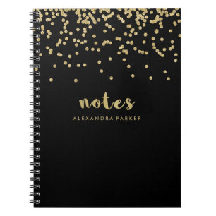 Faux Gold Confetti on Black Notes Typography Notebook