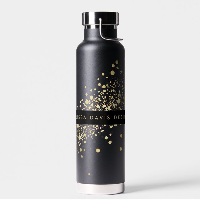 Faux Gold Confetti on Black Personalised Water Bottle (Left)