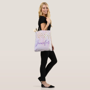 Faux Gold Confetti on Purple Watercolor Add a Name Tote Bag