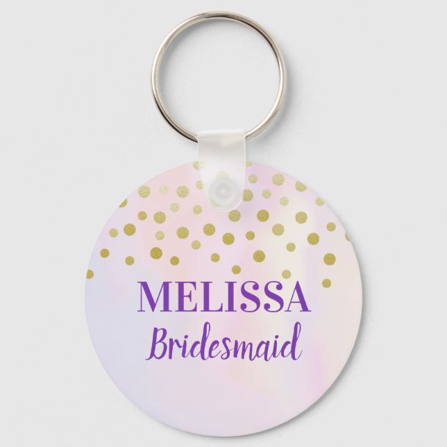 Faux Gold Confetti on Purple Watercolor Bridesmaid Key Ring (Front)