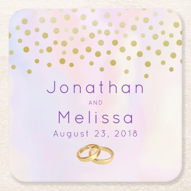Faux Gold Confetti on Purple Watercolor Square Paper Coaster (Front)