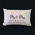Faux Gold Confetti on Purple Watercolor Wedding Lumbar Cushion<br><div class="desc">Mr. and Mrs. commemorative wedding pillow with fake gold confetti sprinkled along the top. A pale purple and yellow watercolor background.</div>