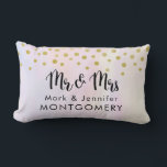 Faux Gold Confetti on Purple Watercolor Wedding Lumbar Cushion<br><div class="desc">Mr. and Mrs. commemorative wedding pillow with fake gold confetti sprinkled along the top. A pale purple and yellow watercolor background.</div>